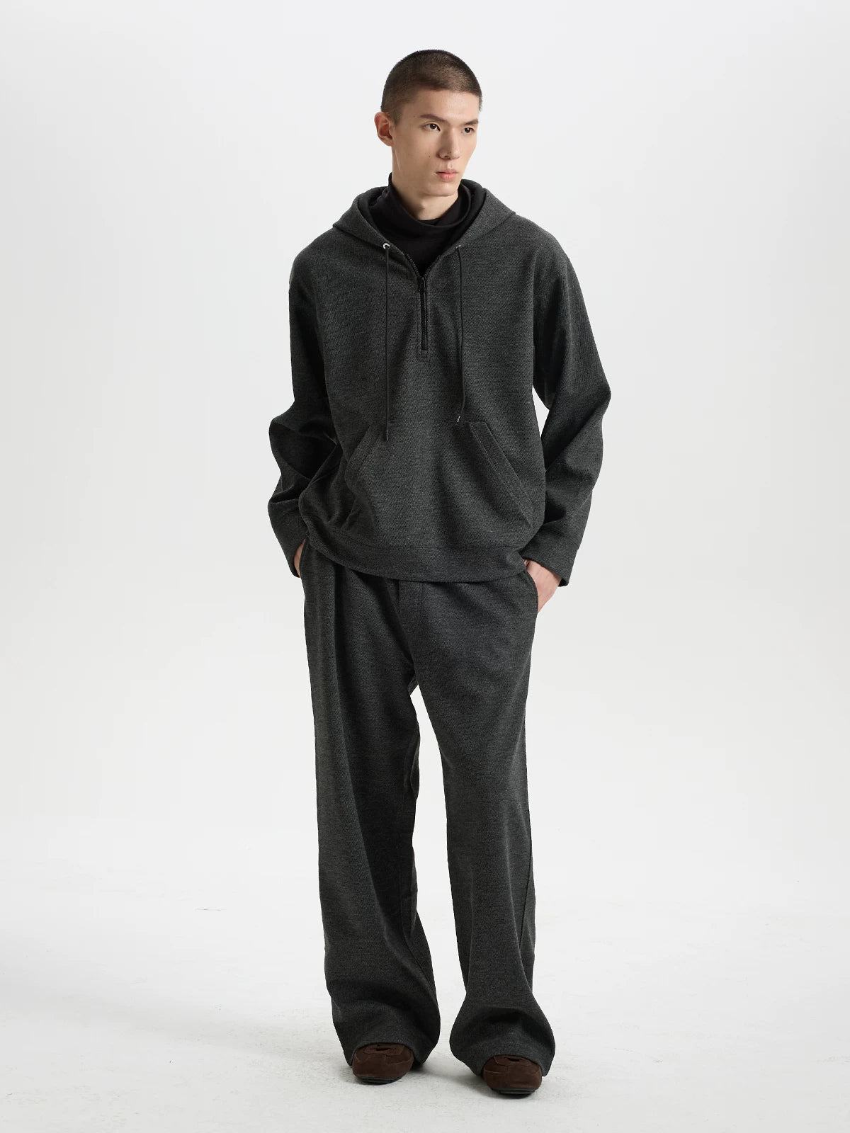 BUTTBILL Vintage Textured Twill Half-Zip Hoodie – Relaxed Fit Hooded Sweatshirt with Soft Brushed Interior#134