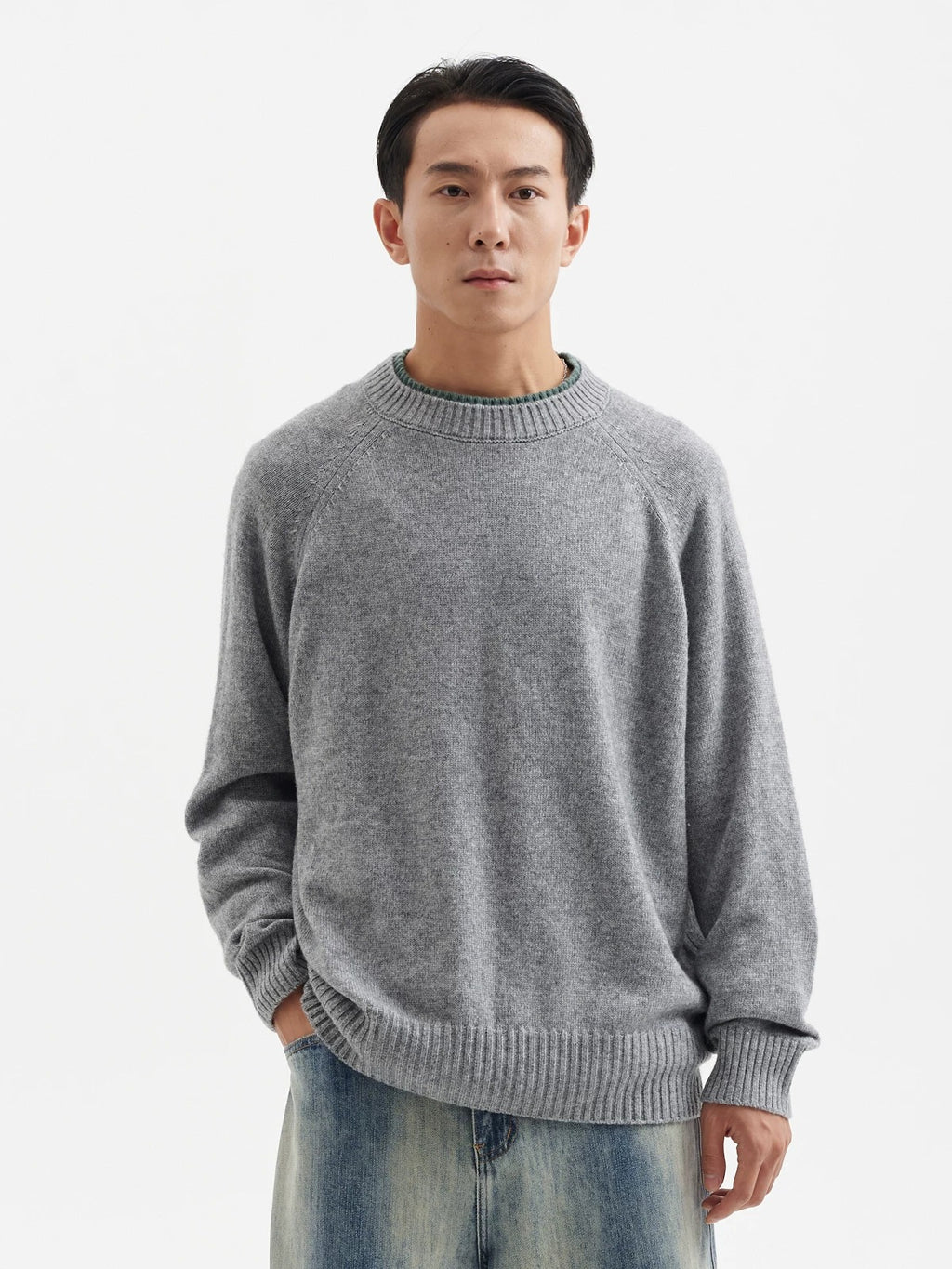 BUTTBILL Minimalist 33% Lambswool Crewneck Knit Sweater074