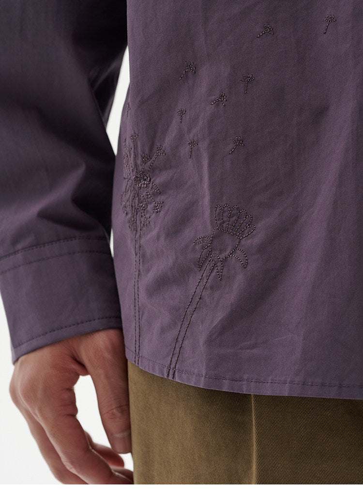 BUTTBILL Unisex Dandelion-Embroidered 100% Cotton Relaxed Overshirt089