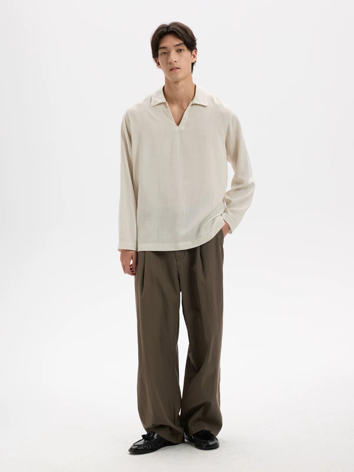 BUTTBILL Effortless Lyocell-Linen V-Neck Long-Sleeve Polo with Split Hem043