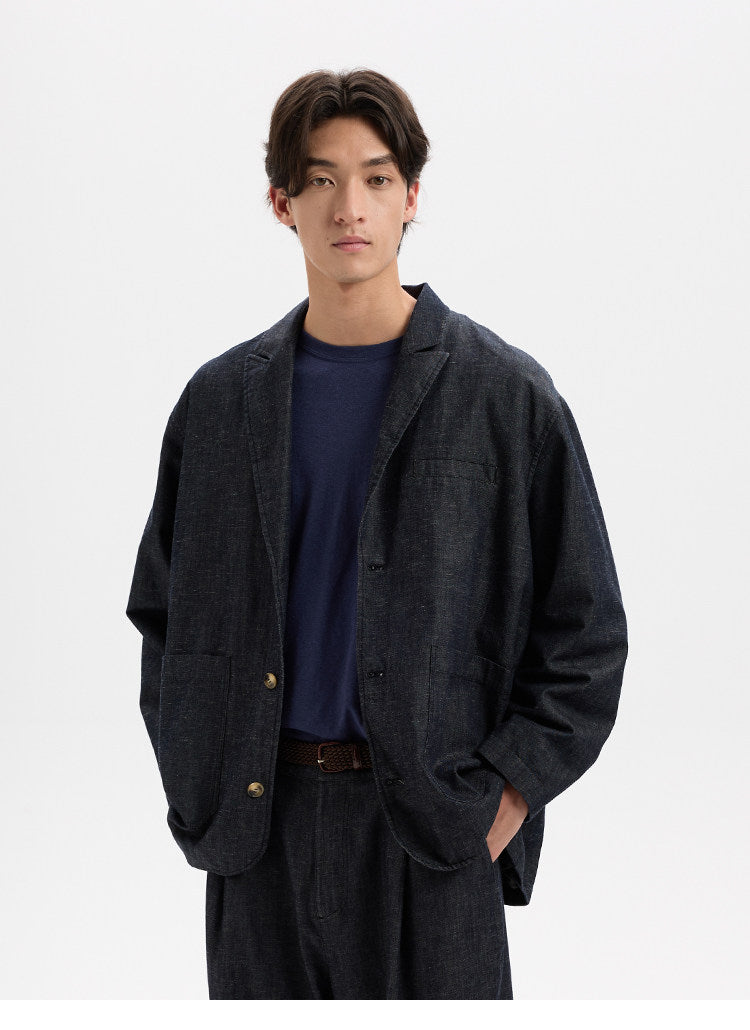 BUTTBILL Unisex Cotton-Linen-Lyocell Blend Washed Denim Relaxed Blazer023