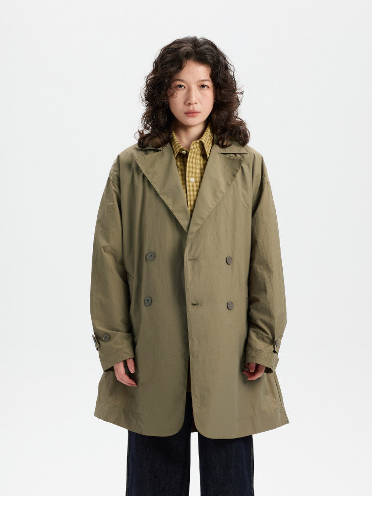BUTTBILL SS26 Unisex Cotton-Nylon Double-Breasted Mid-Length Trench Coat with Mesh Lining