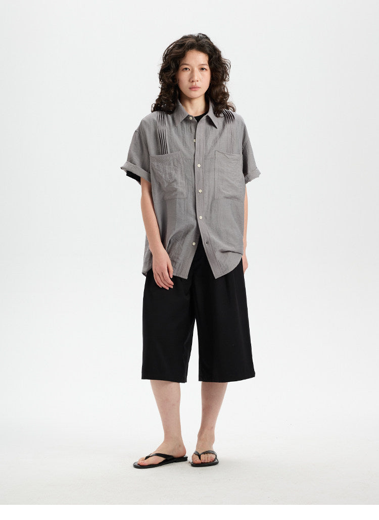 BUTTBILL SS26 Linen-Blend Box-Pleated Short-Sleeve Shirt with Pocket