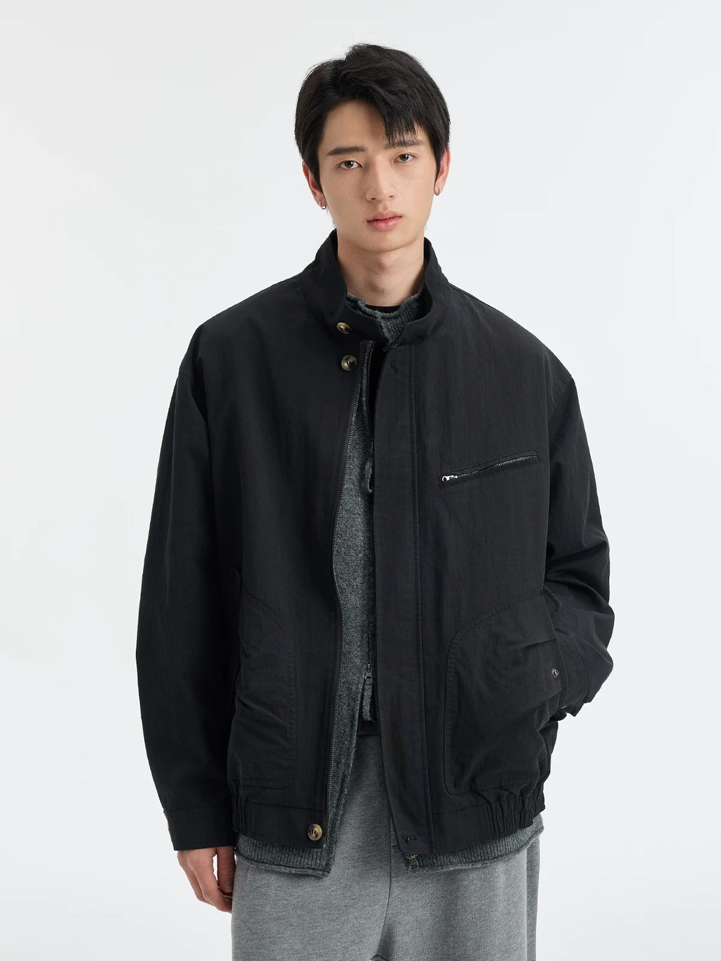 BUTTBILL SS26 Unisex Washed Stand Collar Cropped Moto Jacket048