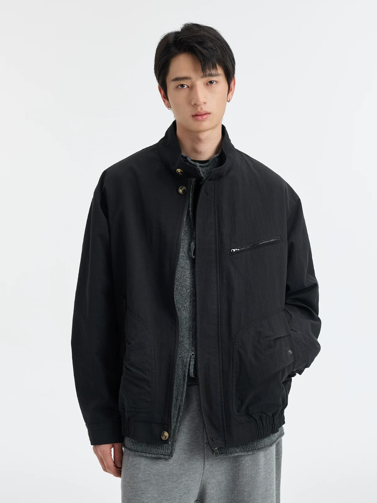 BUTTBILL SS26 Unisex Washed Stand Collar Cropped Moto Jacket048