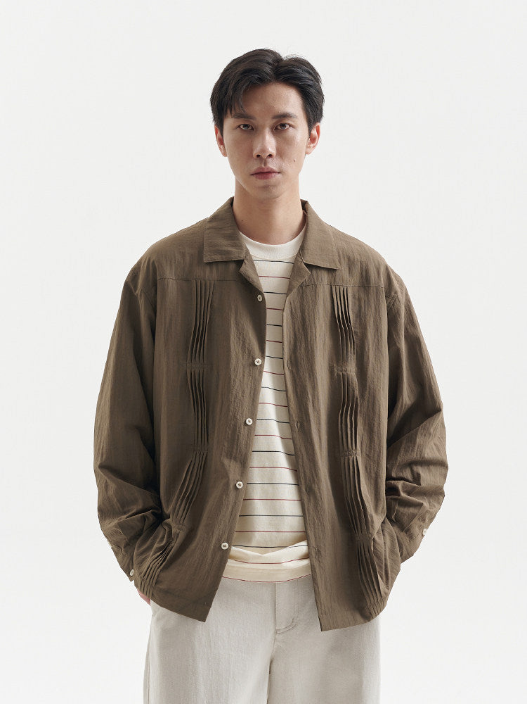 BUTTBILL Unisex 60% Bamboo-Blend Pleated Camp Collar Long-Sleeve Shirt115