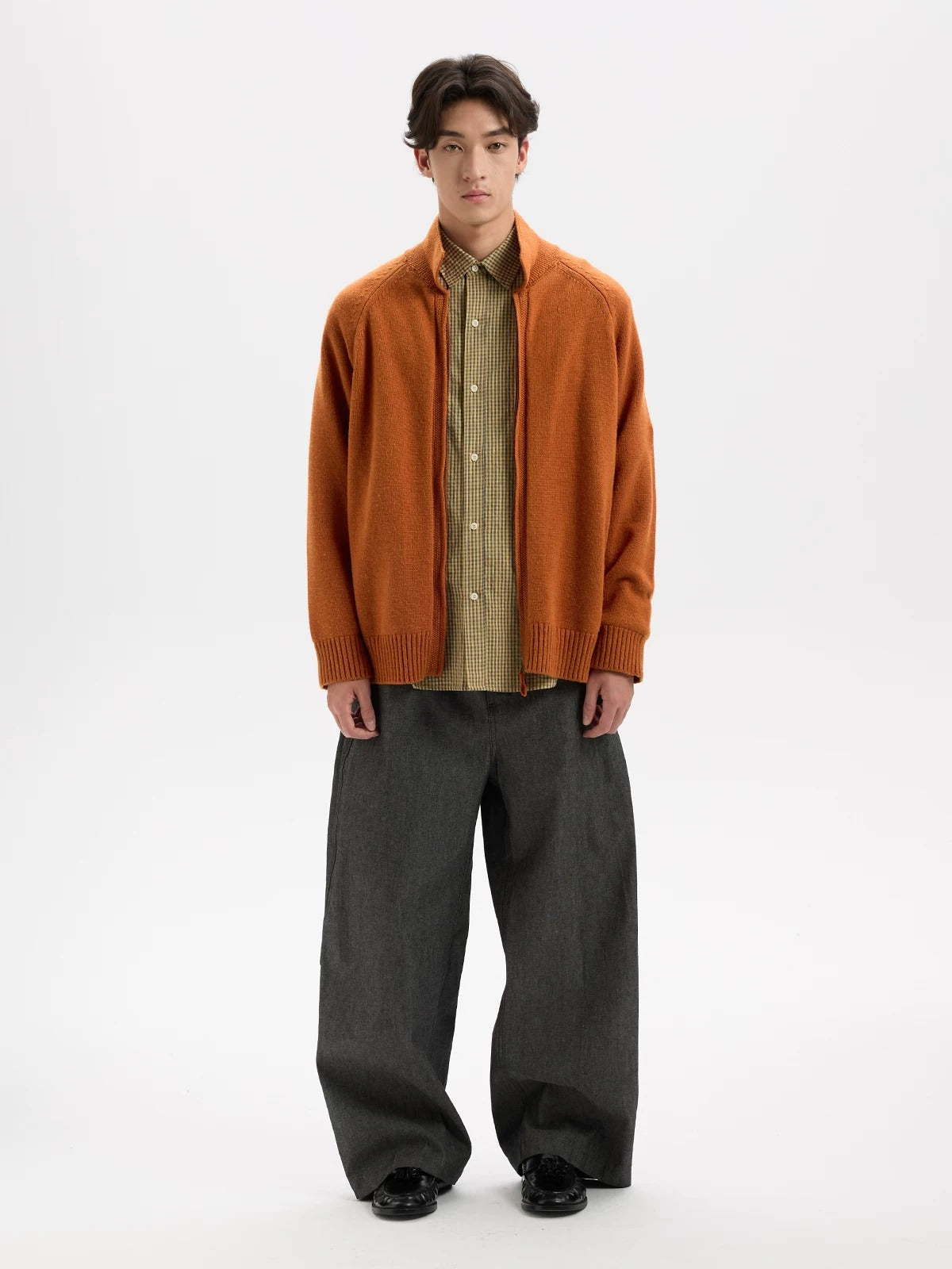 BUTTBILL Vintage Wool-Blend Raglan Collared Two-Way Zip Cardigan042