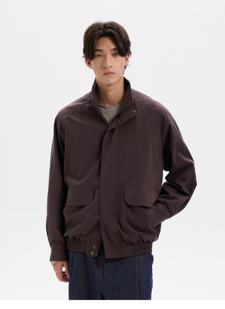 BUTTBILL Vintage Slub Cotton Stand Collar Multi-Pocket Jacket with Two-Way Zip022