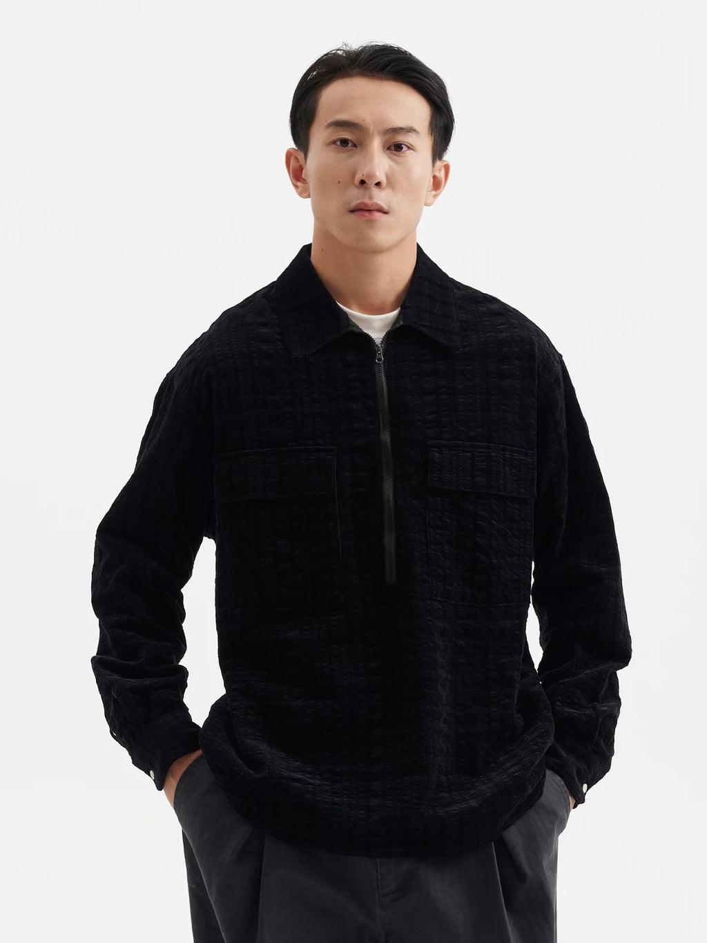 BUTTBILL FW25 Unisex Plaid Cotton Corduroy Half-Zip Overshirt071