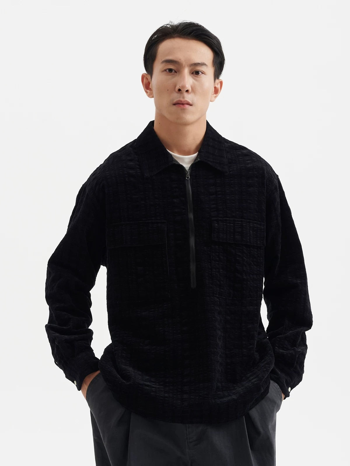 BUTTBILL FW25 Unisex Plaid Cotton Corduroy Half-Zip Overshirt071
