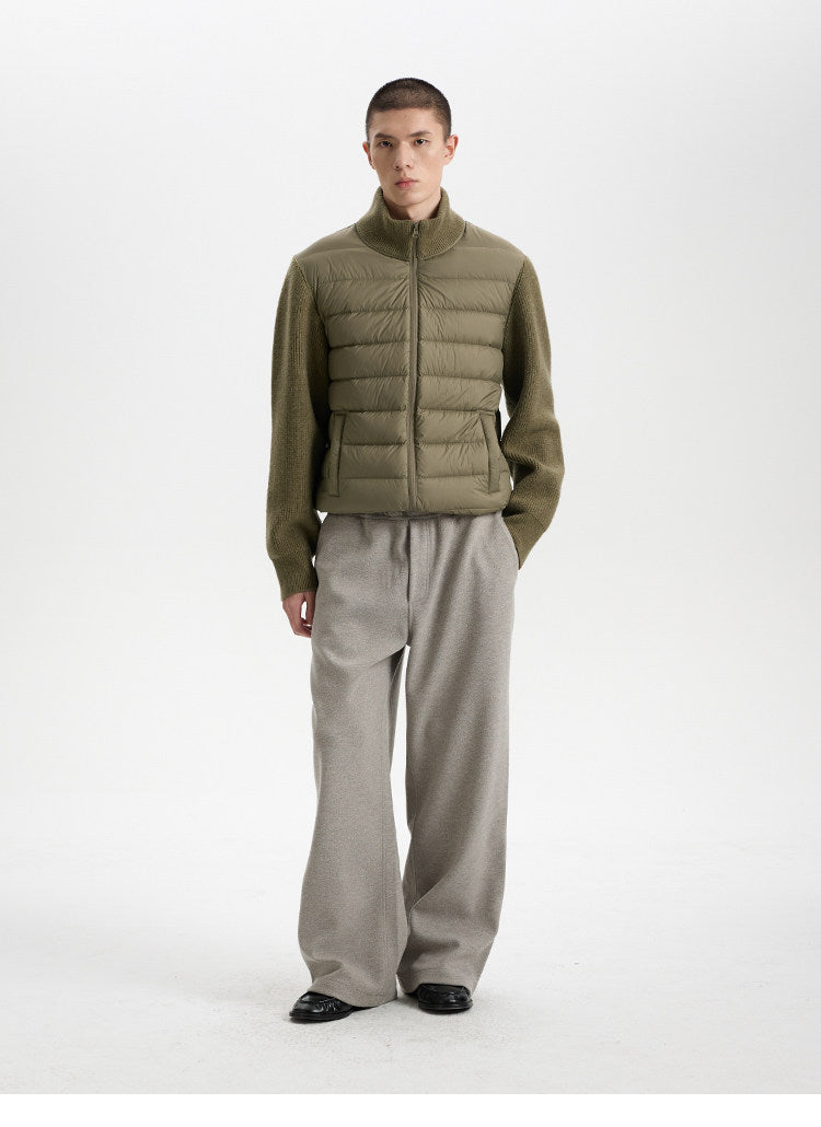 BUTTBILL Lightweight 90% White Duck Down Puffer Jacket – Knit Panel Quilted Stand Collar Jacket with Relaxed Fit#122