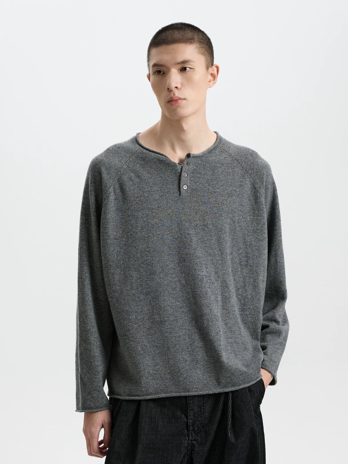 BUTTBILL 17.5-Micron 100% Merino Wool Henley Knit Sweater – Relaxed Fit Lightweight Long Sleeve Pullover#120