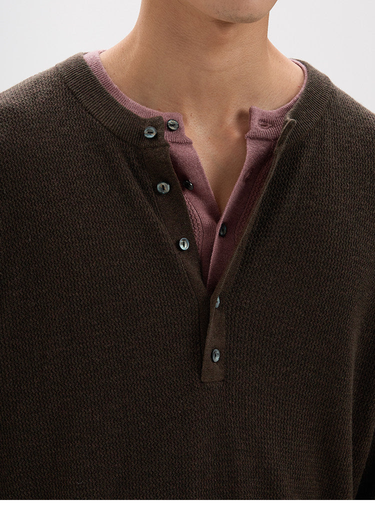 BUTTBILL Classic 48s Wool Blend Henley Knit Pullover with Shell Buttons018
