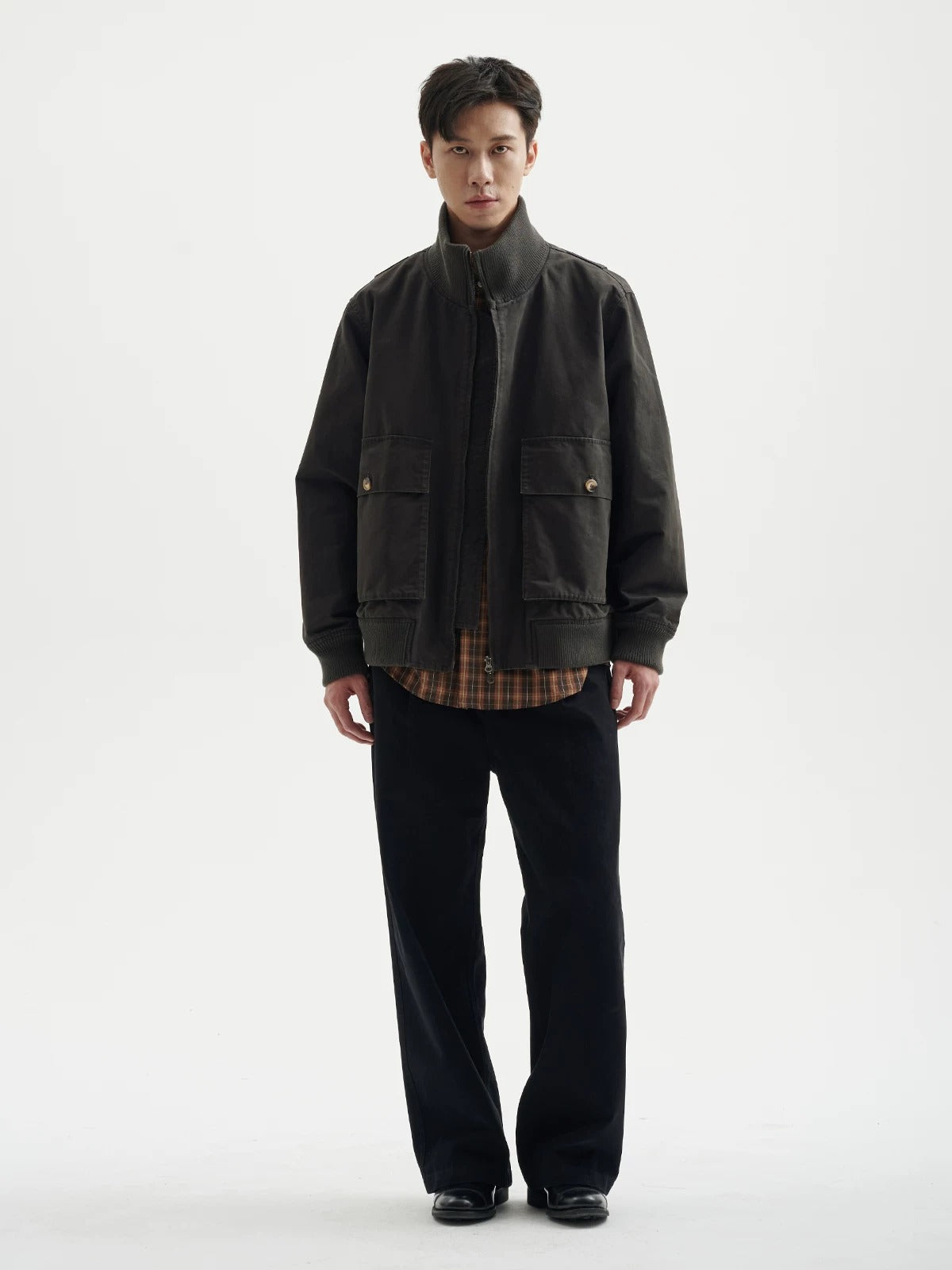 BUTTBILL Unisex Heavyweight Enzyme-Washed Stand Collar Utility Jacket094