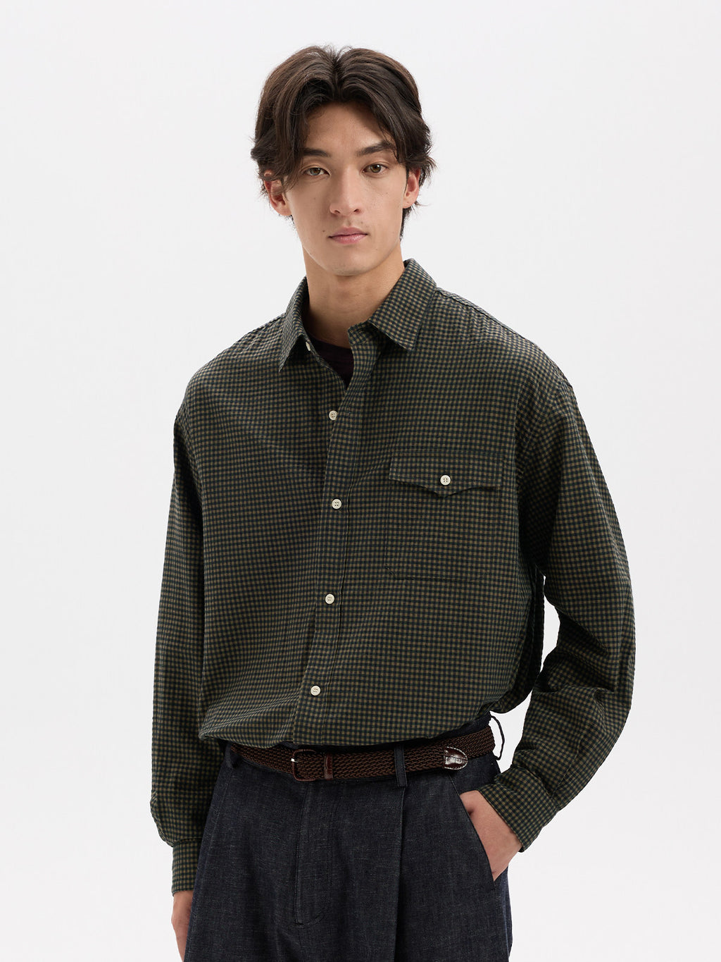 BUTTBILL Vintage Textured Plaid 100% Cotton Long-Sleeve Shirt024