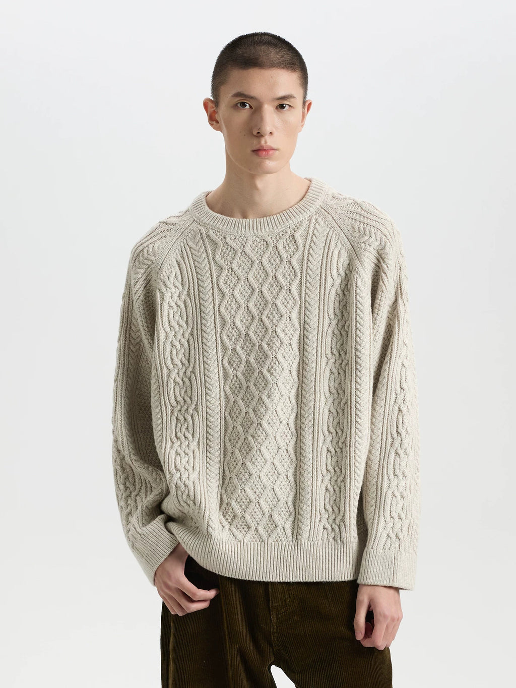 BUTTBILL Textured Cable-Knit Wool-Blend Sweater – Relaxed Fit Raglan Sleeve Crewneck Pullover#131