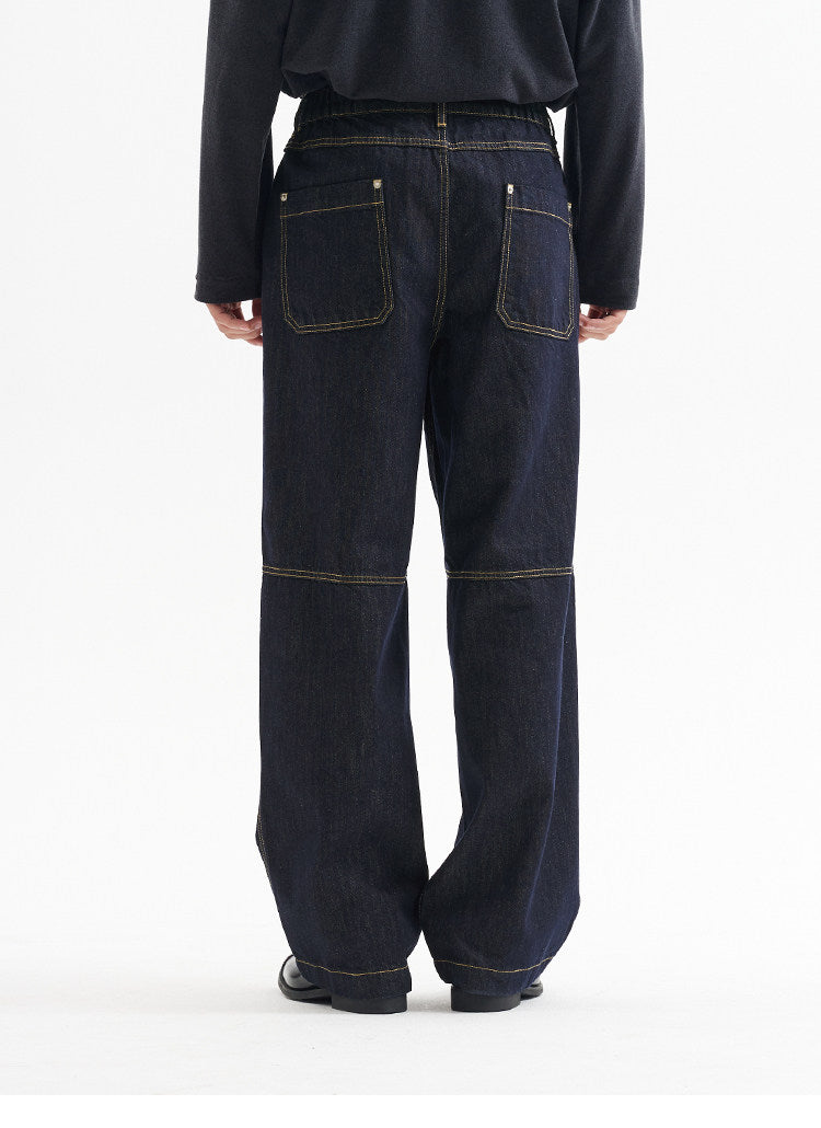 BUTTBILL Men's 13.2oz Knee-Pleated Washed Denim Jeans with Contrast Stitching080