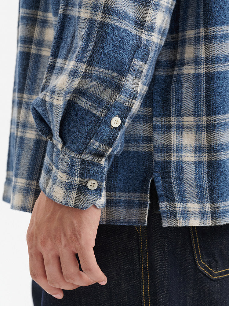 BUTTBILL Men's Cotton Plaid Overshirt with Contrast Corduroy Camp Collar079