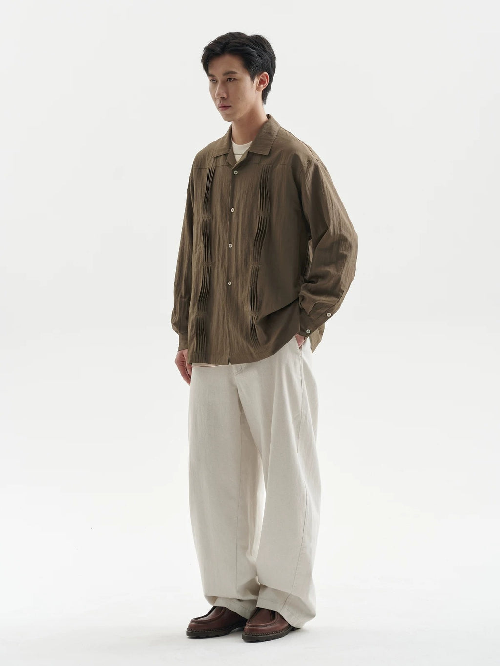 BUTTBILL Unisex 60% Bamboo-Blend Pleated Camp Collar Long-Sleeve Shirt115