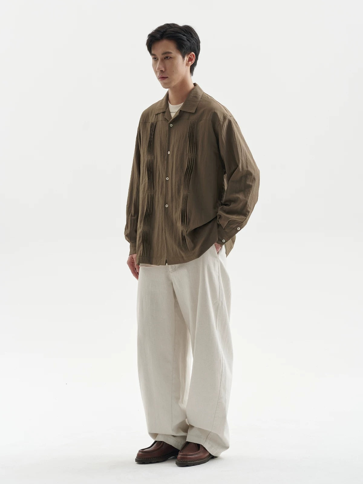 BUTTBILL Unisex 60% Bamboo-Blend Pleated Camp Collar Long-Sleeve Shirt115