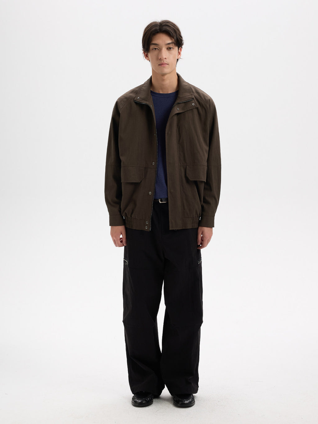 BUTTBILL Vintage Slub Cotton Stand Collar Multi-Pocket Jacket with Two-Way Zip022