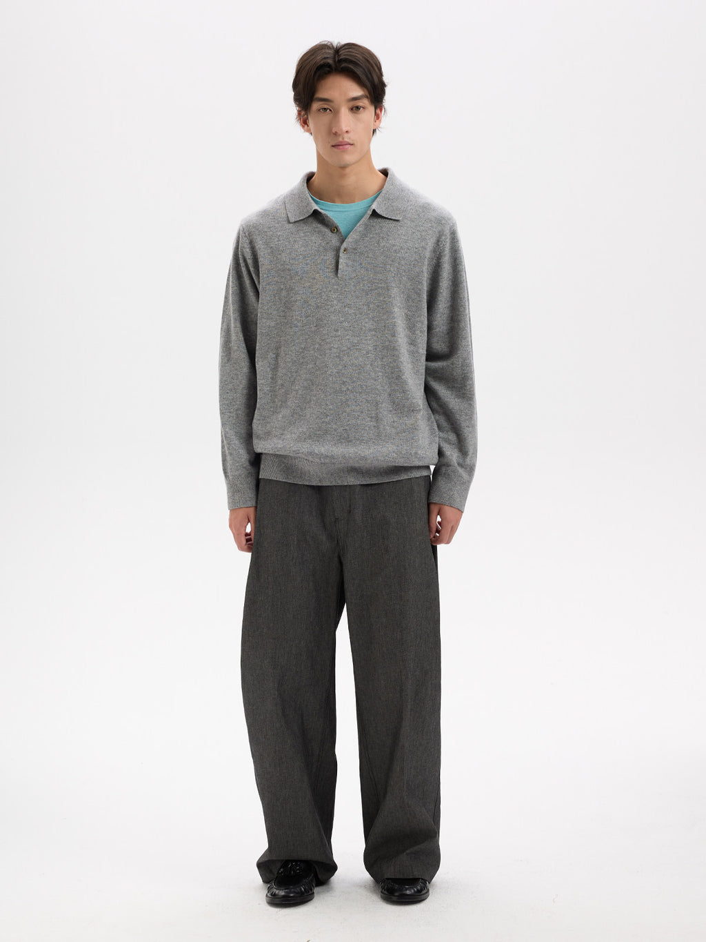 BUTTBILL Minimalist Wool-Blend Long-Sleeve Knit Polo with Shell Buttons020