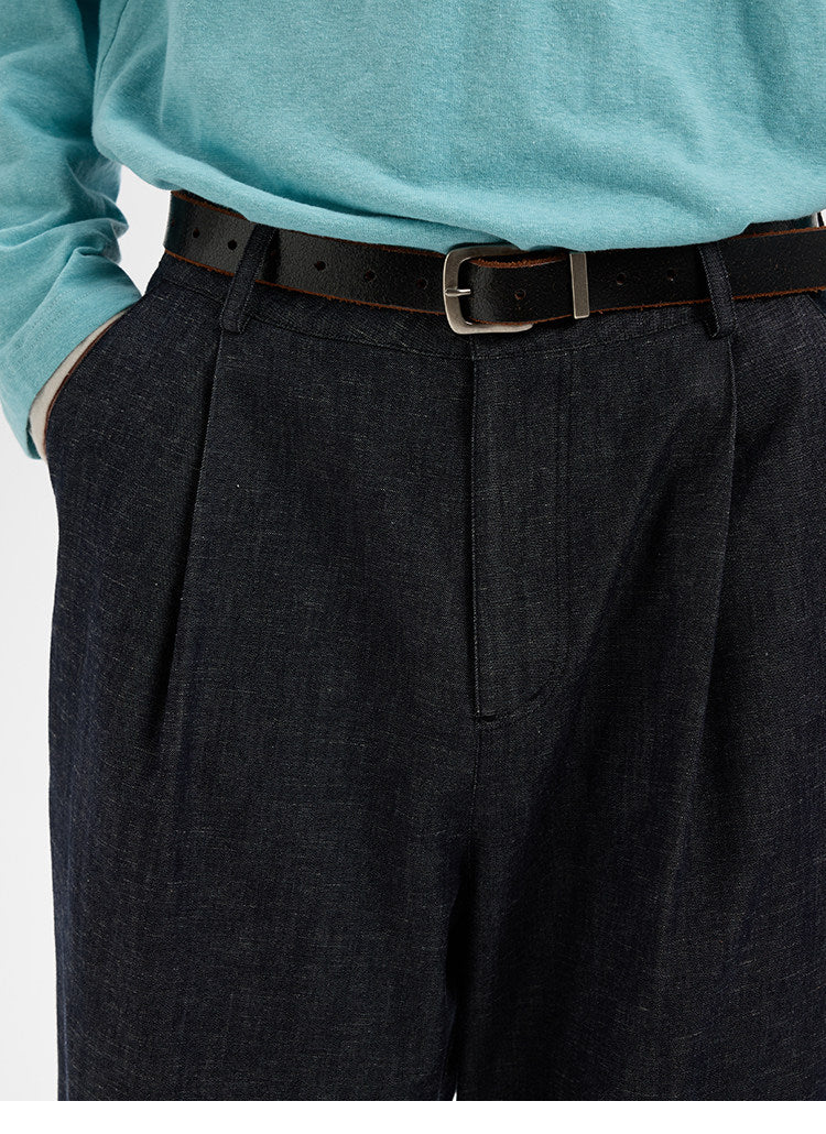 BUTTBILL Unisex Cotton-Linen-Lyocell Blend Single-Pleated Relaxed Trousers