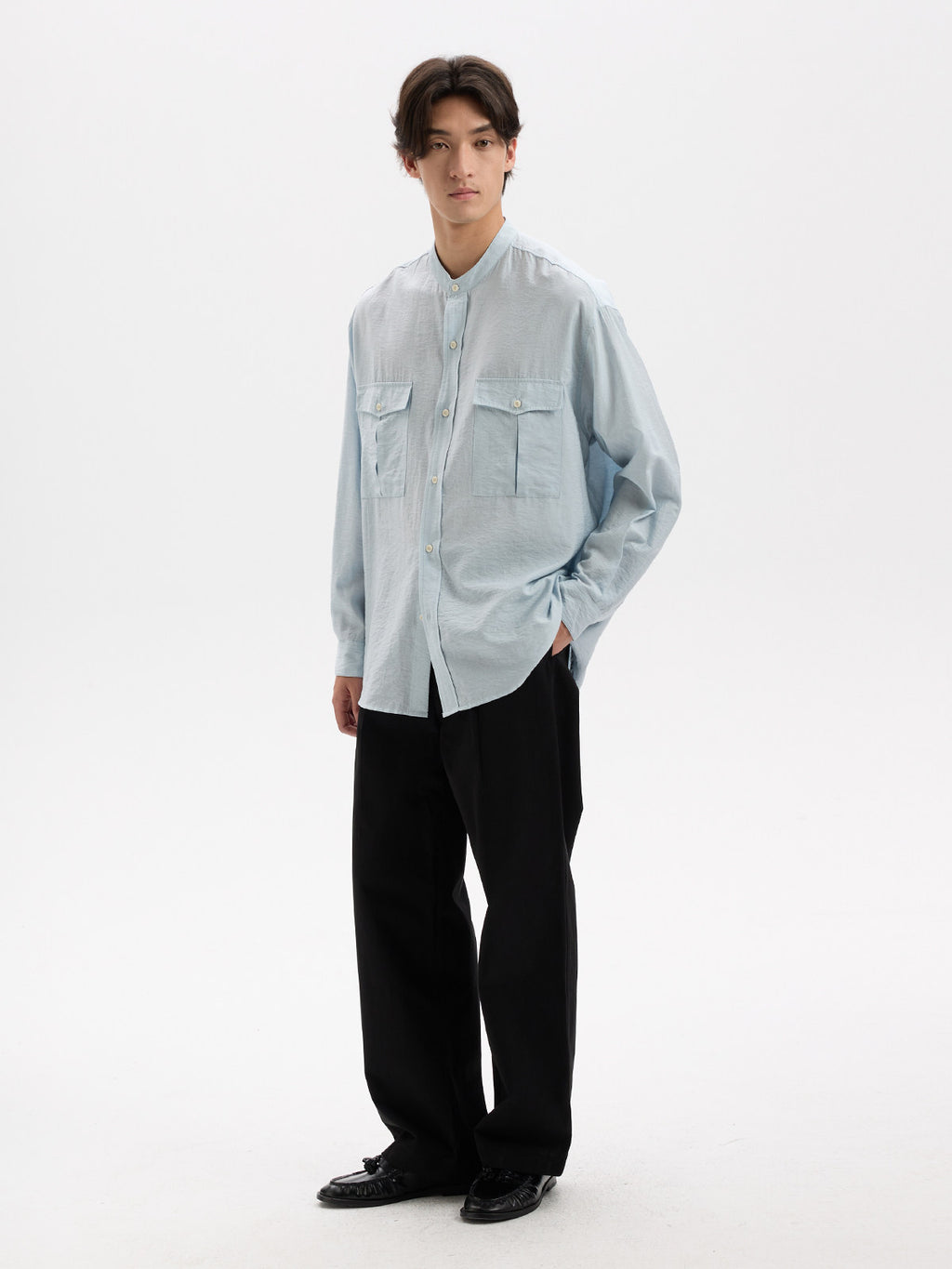 BUTTBILL Minimalist Crinkled Pima Cotton Blend Band Collar Shirt with Double Pockets029