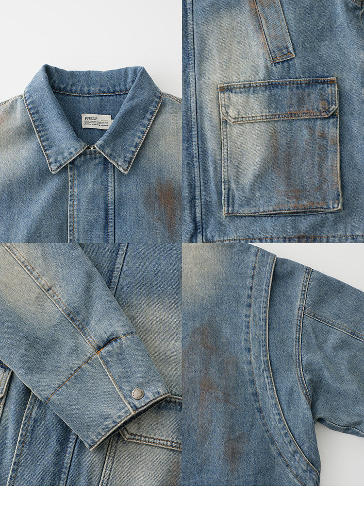 BUTTBILL Unisex Vintage Mud-Dyed Washed Relaxed Denim Jacket088