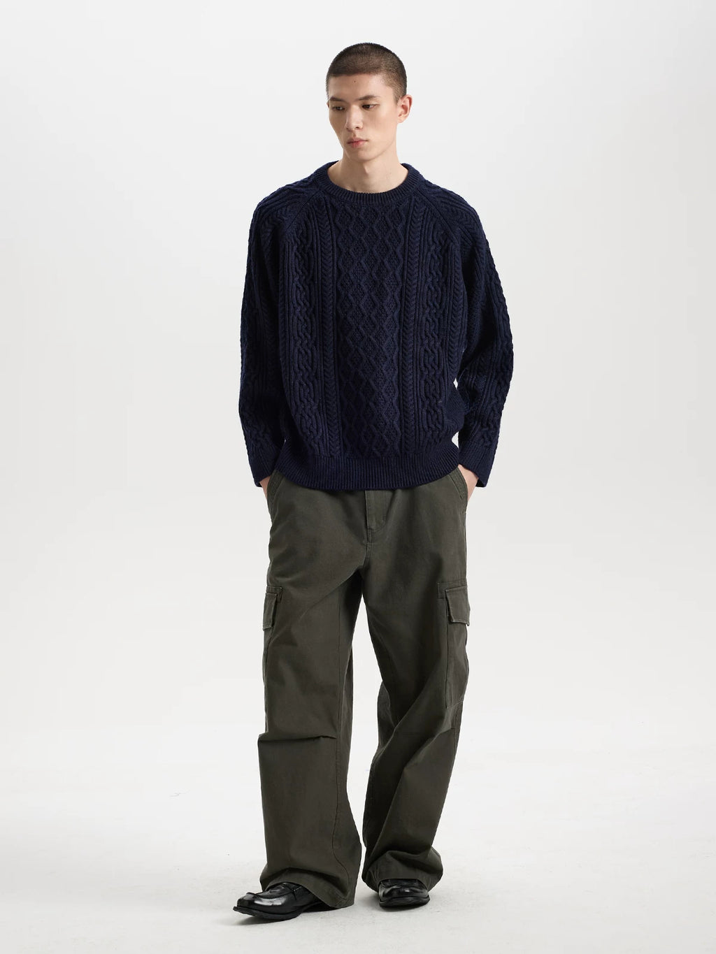 BUTTBILL Textured Cable-Knit Wool-Blend Sweater – Relaxed Fit Raglan Sleeve Crewneck Pullover#131