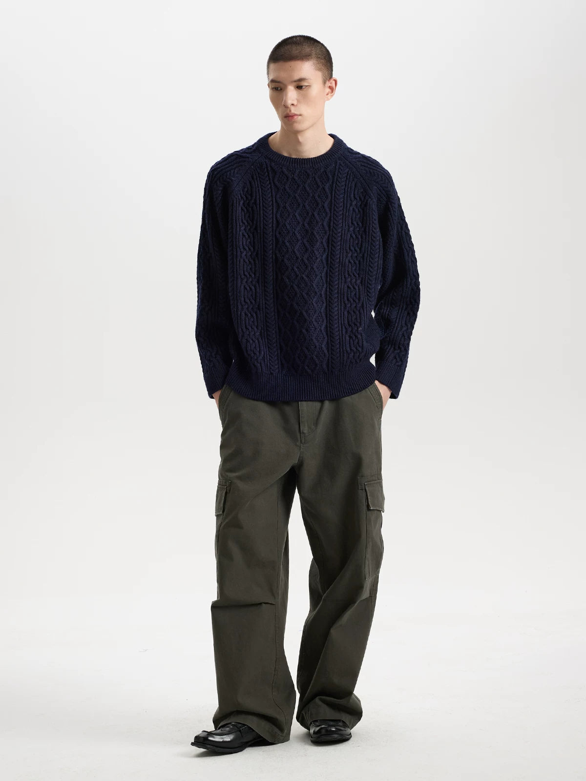 BUTTBILL Textured Cable-Knit Wool-Blend Sweater – Relaxed Fit Raglan Sleeve Crewneck Pullover#131