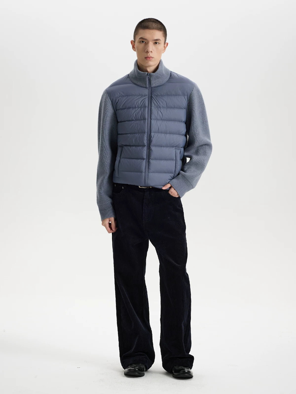 BUTTBILL Lightweight 90% White Duck Down Puffer Jacket – Knit Panel Quilted Stand Collar Jacket with Relaxed Fit#122