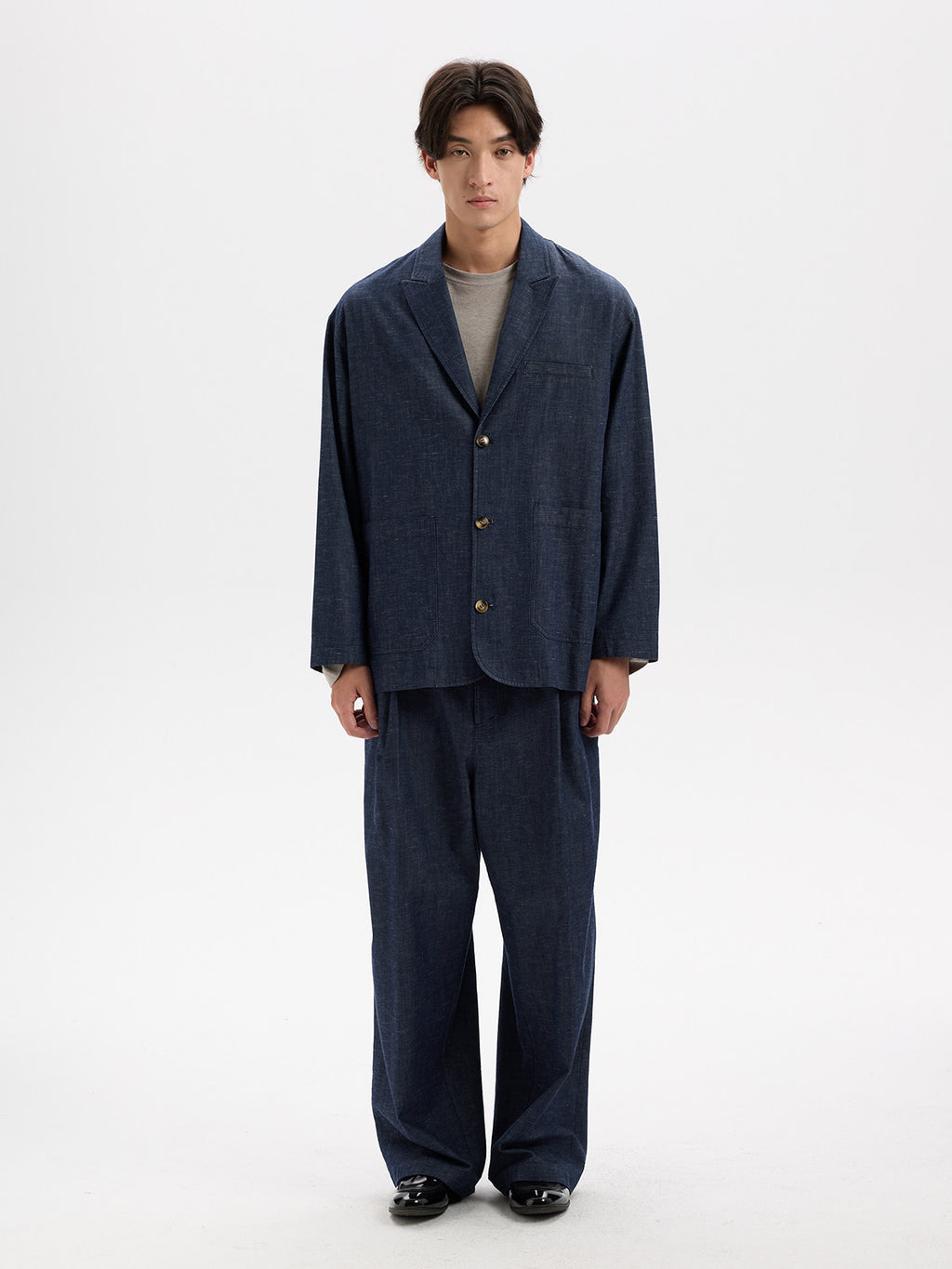 BUTTBILL Unisex Cotton-Linen-Lyocell Blend Washed Denim Relaxed Blazer023