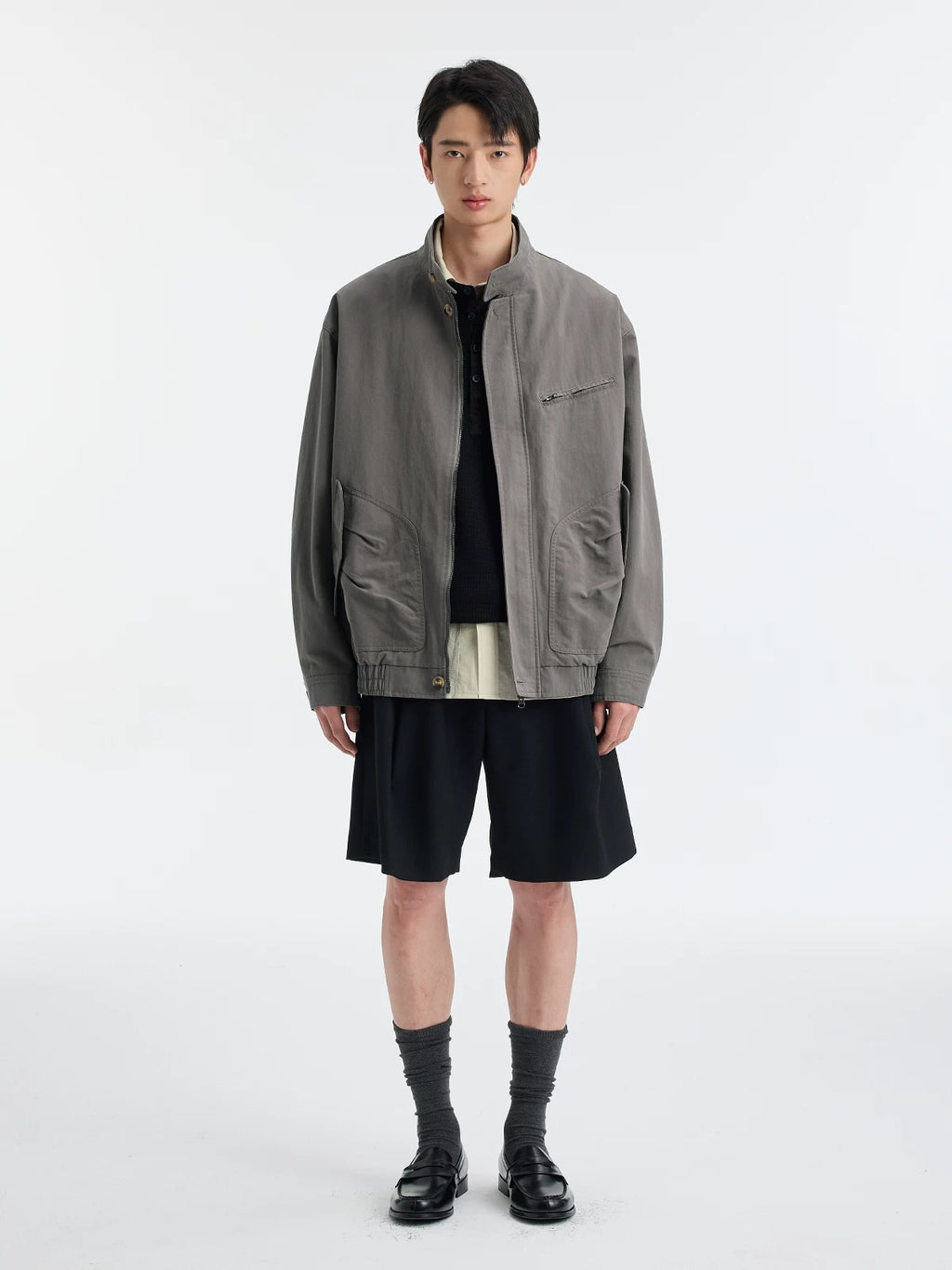 BUTTBILL SS26 Unisex Washed Stand Collar Cropped Moto Jacket048