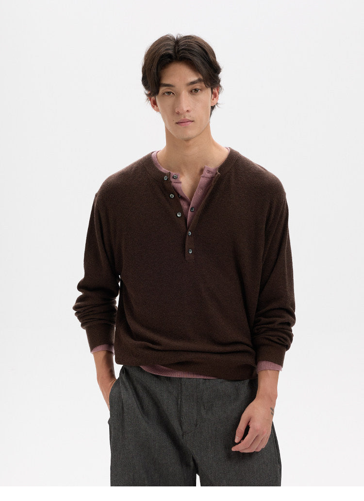 BUTTBILL Classic 48s Wool Blend Henley Knit Pullover with Shell Buttons018