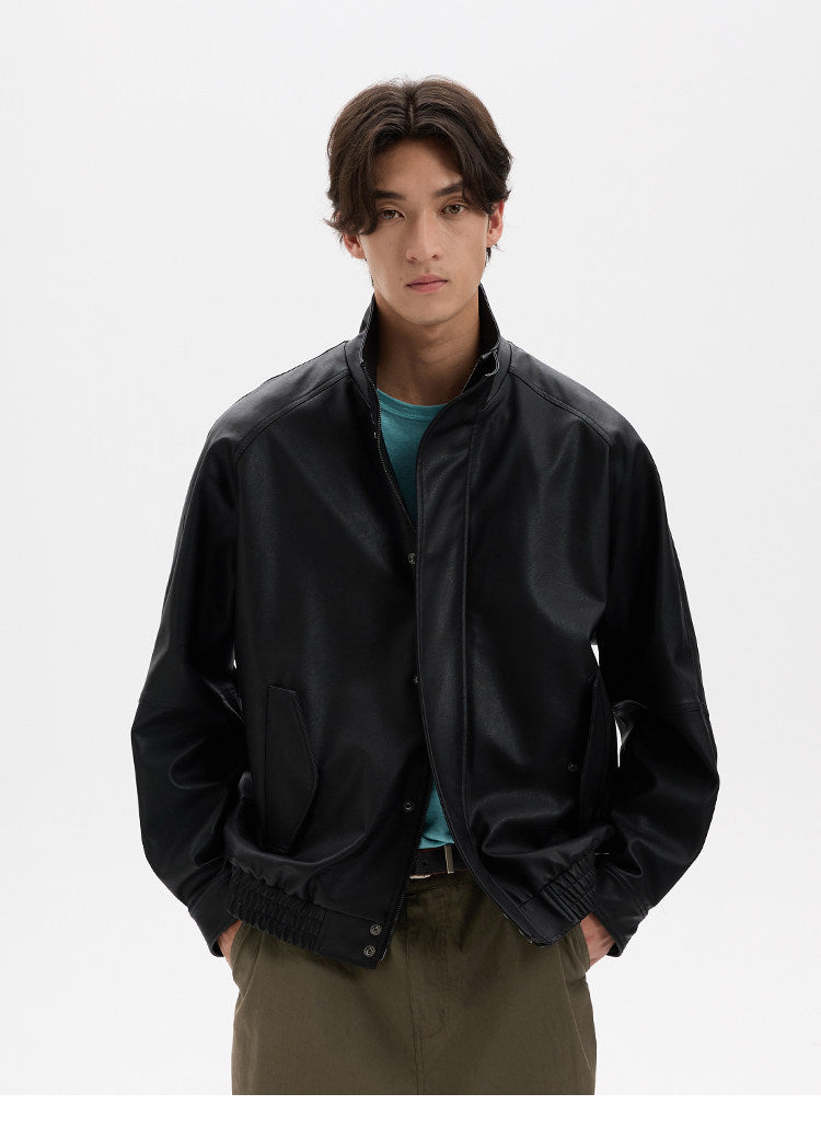 BUTTBILL Vintage Biker Textured Faux Leather Stand Collar Jacket with Two-Way Zip016