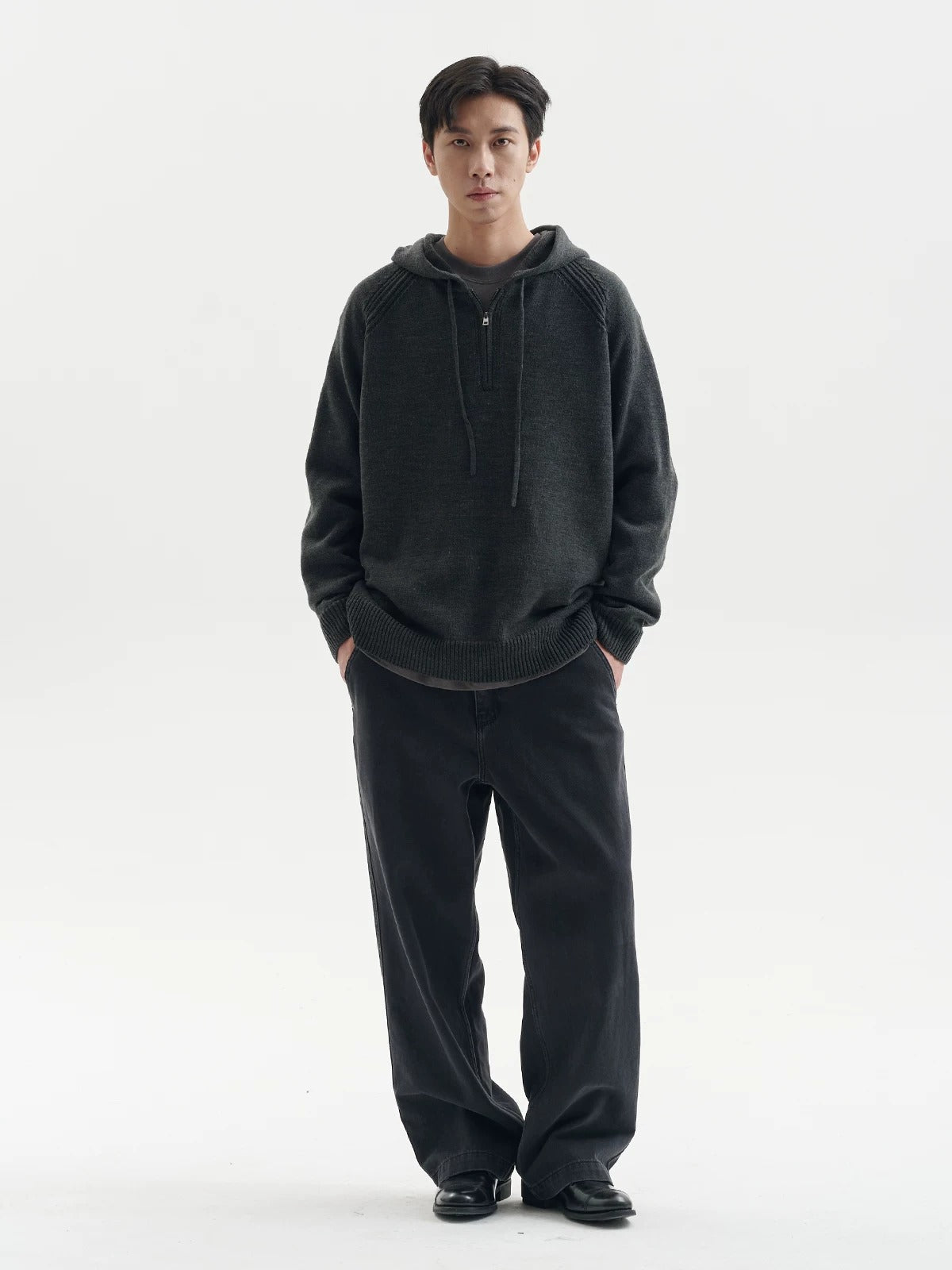 BUTTBILL Men's Minimalist Half-Placket Knit Hoodie111