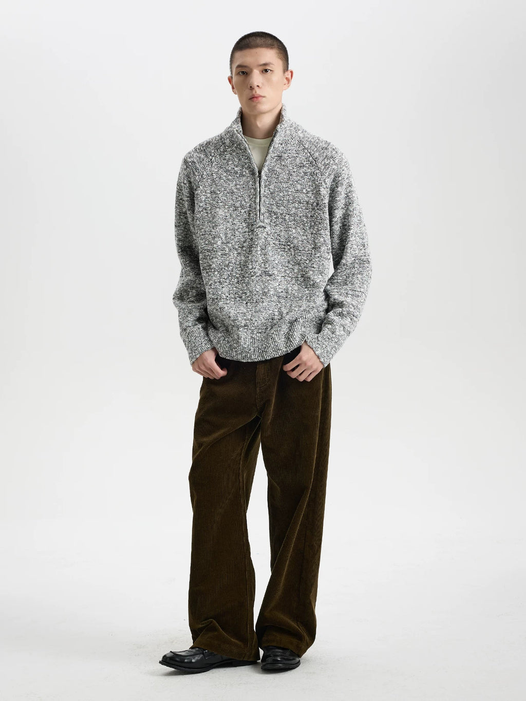 BUTTBILL Vintage Two-Tone Cotton Half-Zip Knit Sweater – Relaxed Fit Textured Mock Neck Pullover#132