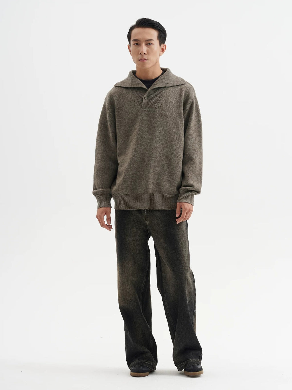 BUTTBILL Unisex 33% Lambswool Drop-Shoulder Half-Zip High-Neck Sweater075