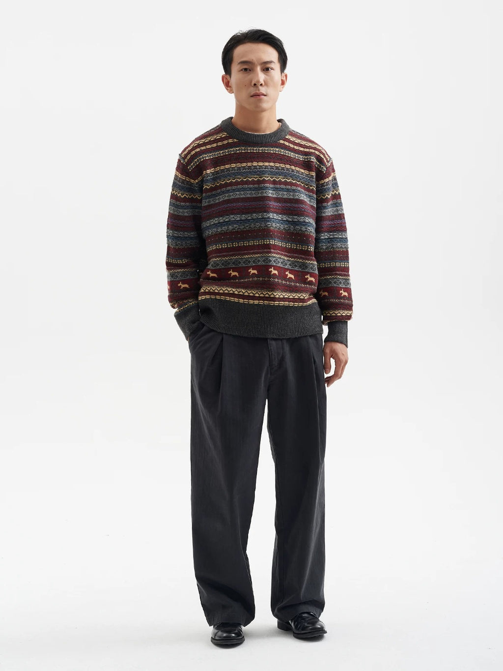 BUTTBILL Unisex 100% Cotton Herringbone Double-Pleated Trousers076