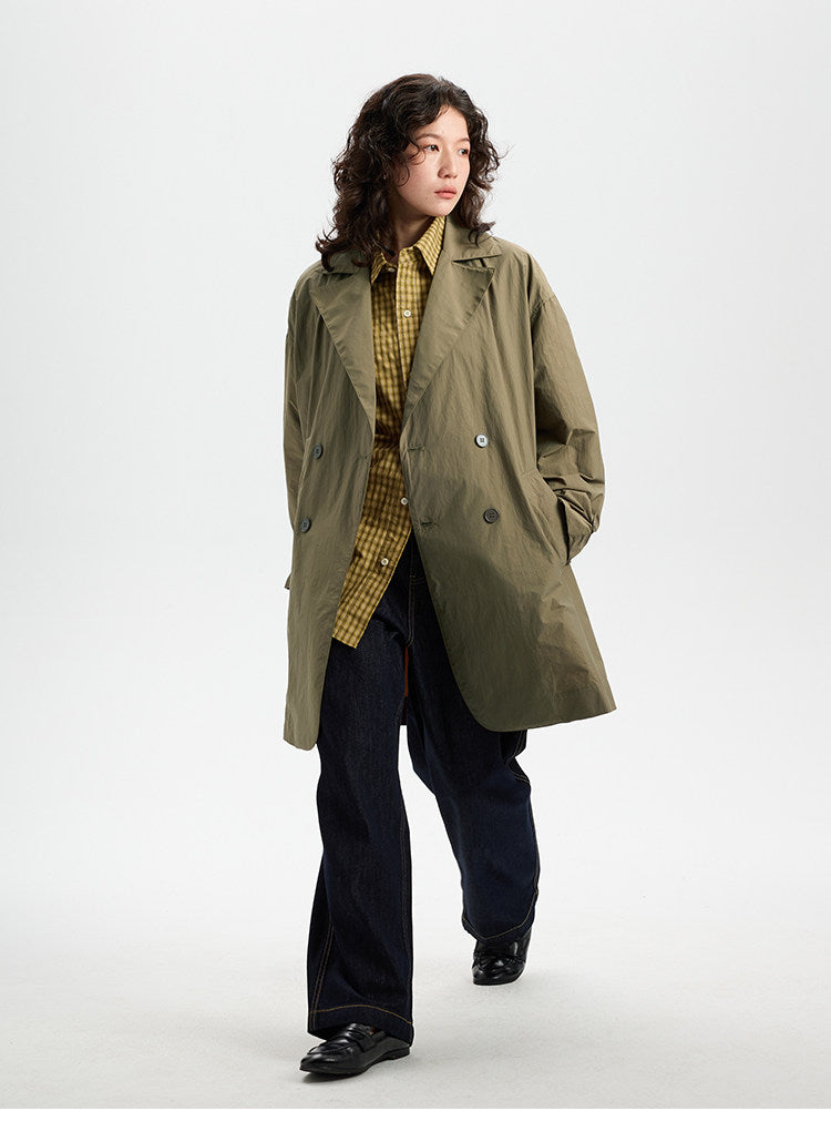 BUTTBILL SS26 Unisex Cotton-Nylon Double-Breasted Mid-Length Trench Coat with Mesh Lining