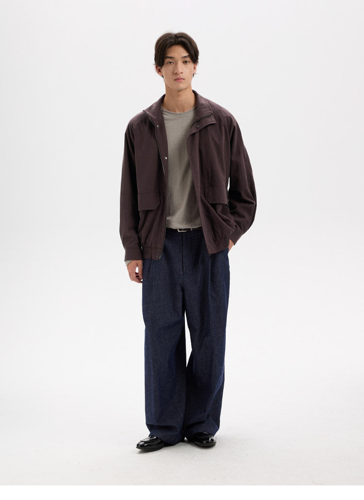BUTTBILL Vintage Slub Cotton Stand Collar Multi-Pocket Jacket with Two-Way Zip022