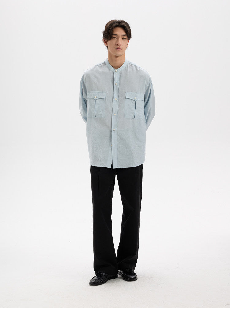 BUTTBILL Minimalist Crinkled Pima Cotton Blend Band Collar Shirt with Double Pockets029