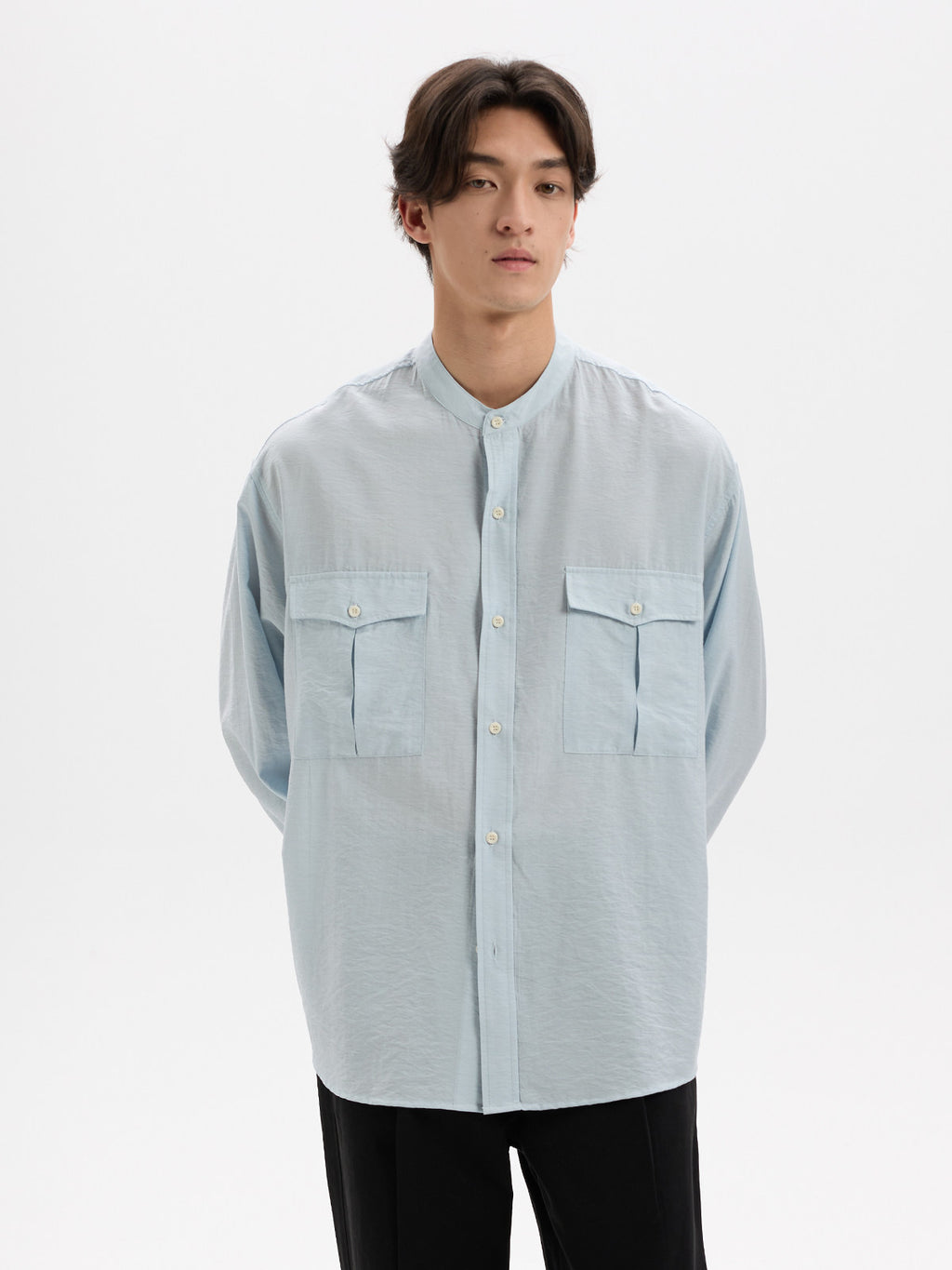 BUTTBILL Minimalist Crinkled Pima Cotton Blend Band Collar Shirt with Double Pockets029