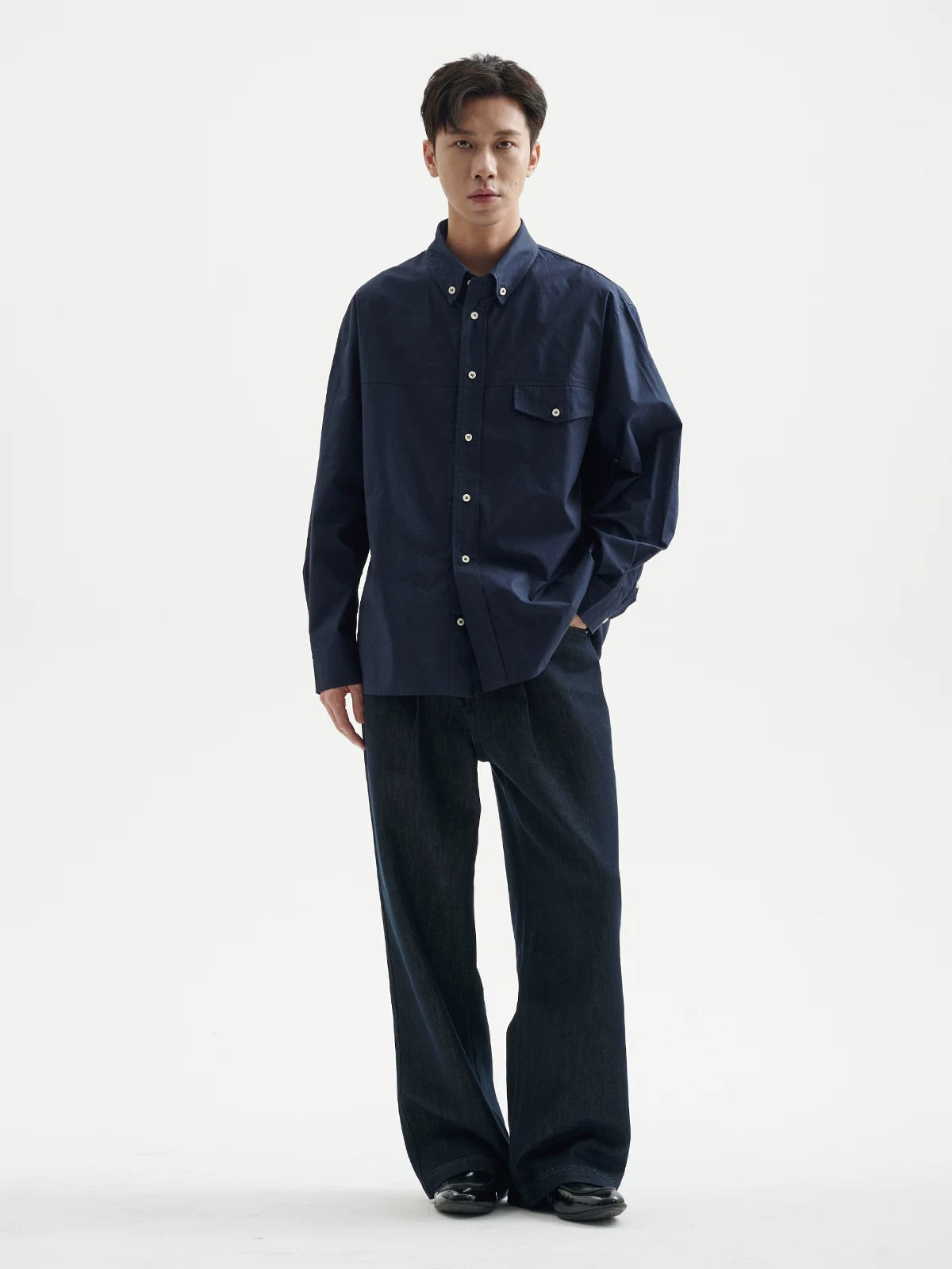 BUTTBILL Men's Minimalist Relaxed Long-Sleeve Button-Up Overshirt095