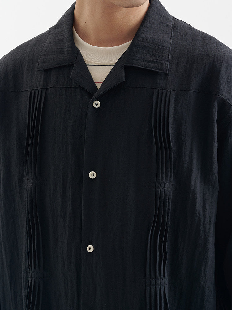 BUTTBILL Unisex 60% Bamboo-Blend Pleated Camp Collar Long-Sleeve Shirt115