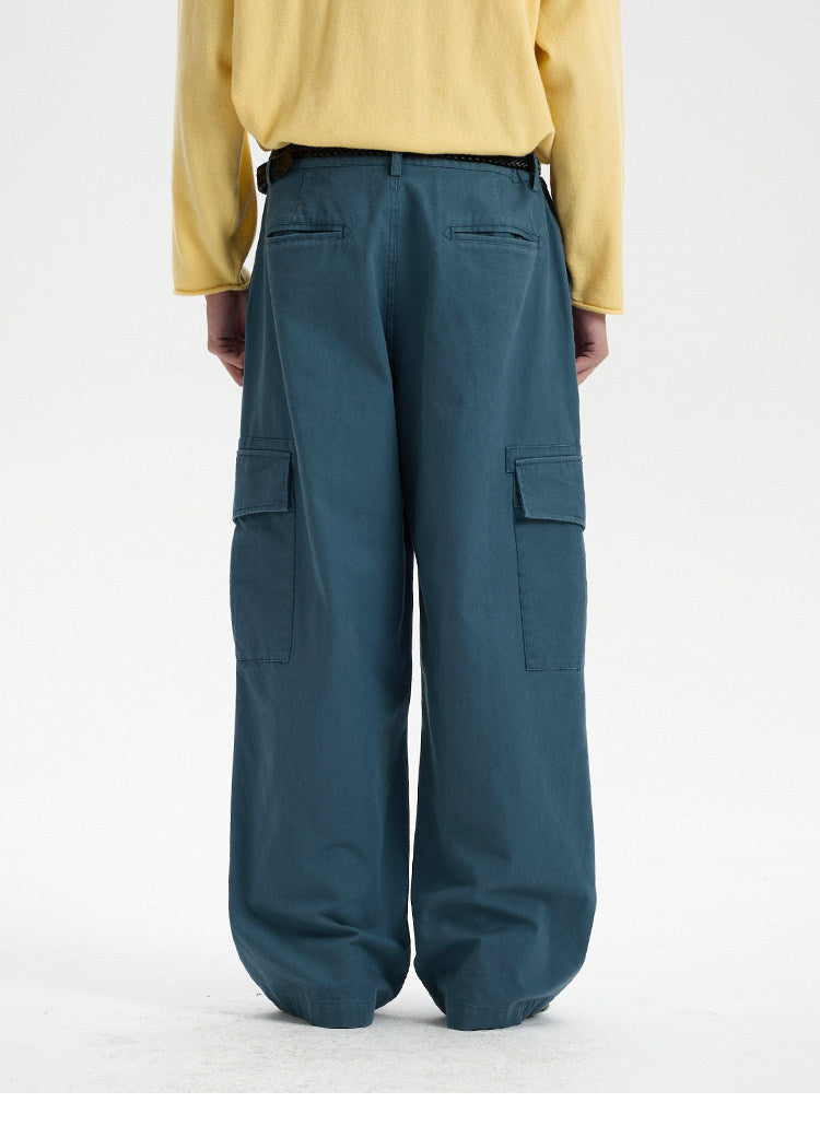 BUTTBILL Vintage Enzyme-Washed Cotton Cargo Pants – Relaxed Straight-Leg Multi-Pocket Workwear Trousers#124