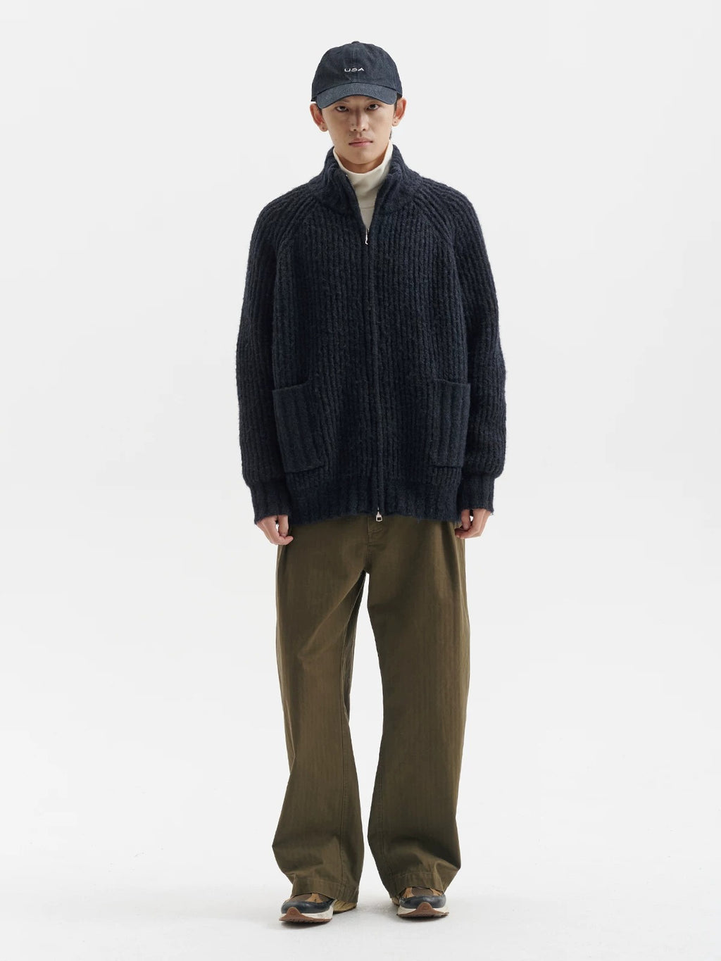 BUTTBILL Men's Enzyme-Washed Cotton Twill Pleated Straight Trousers059