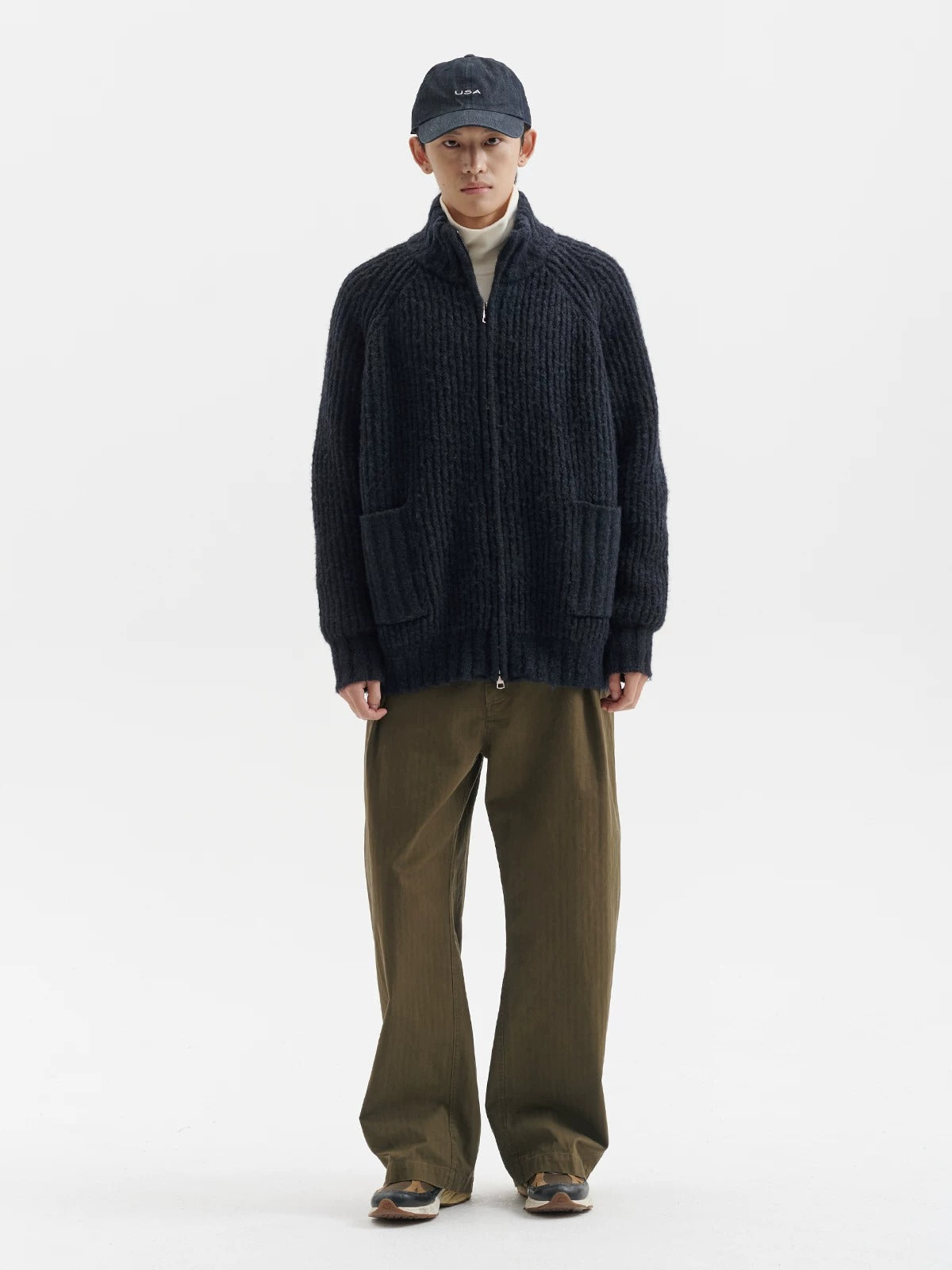 BUTTBILL Men's Enzyme-Washed Cotton Twill Pleated Straight Trousers059
