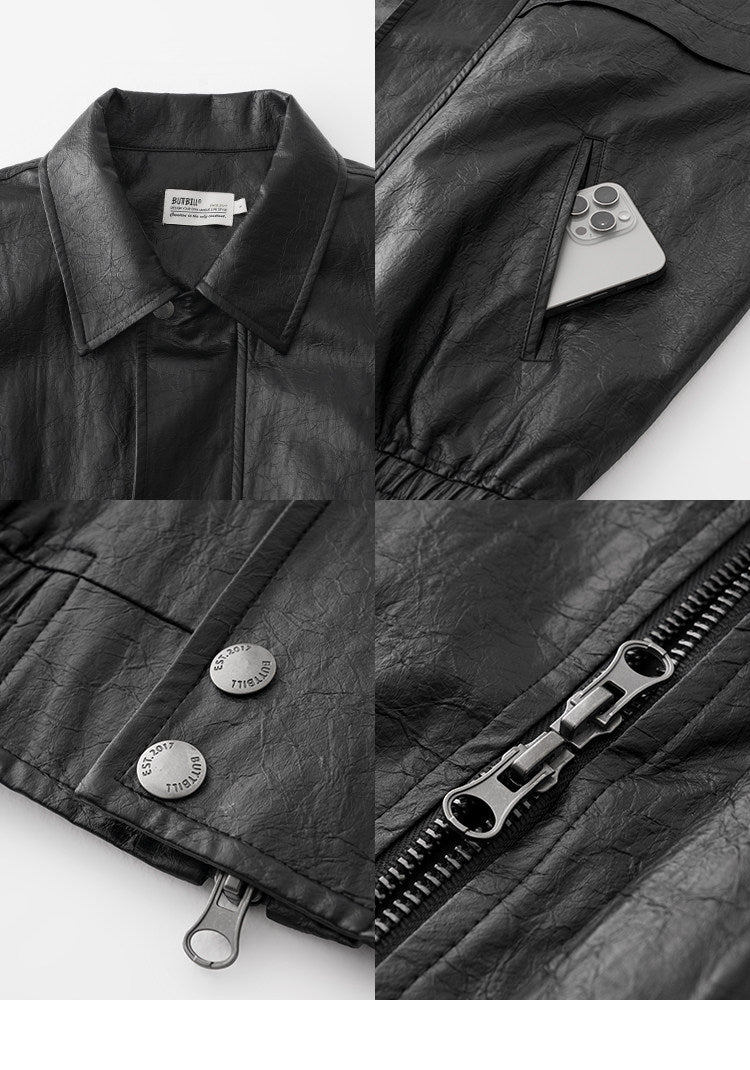 BUTTBILL Unisex Distressed Paper-Touch Faux Leather Jacket108